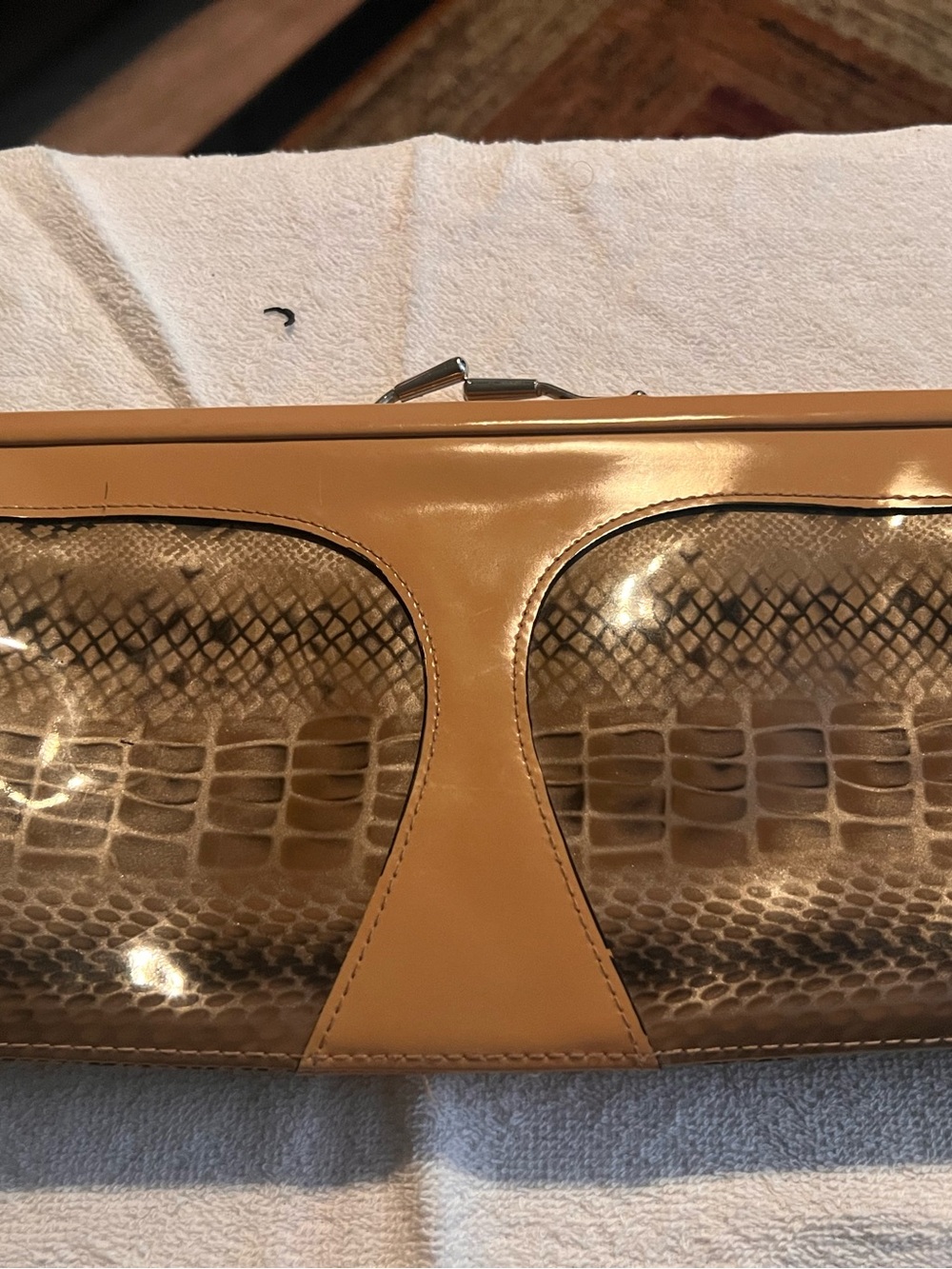 Tan Croc-Embossed Patent Leather Clutch